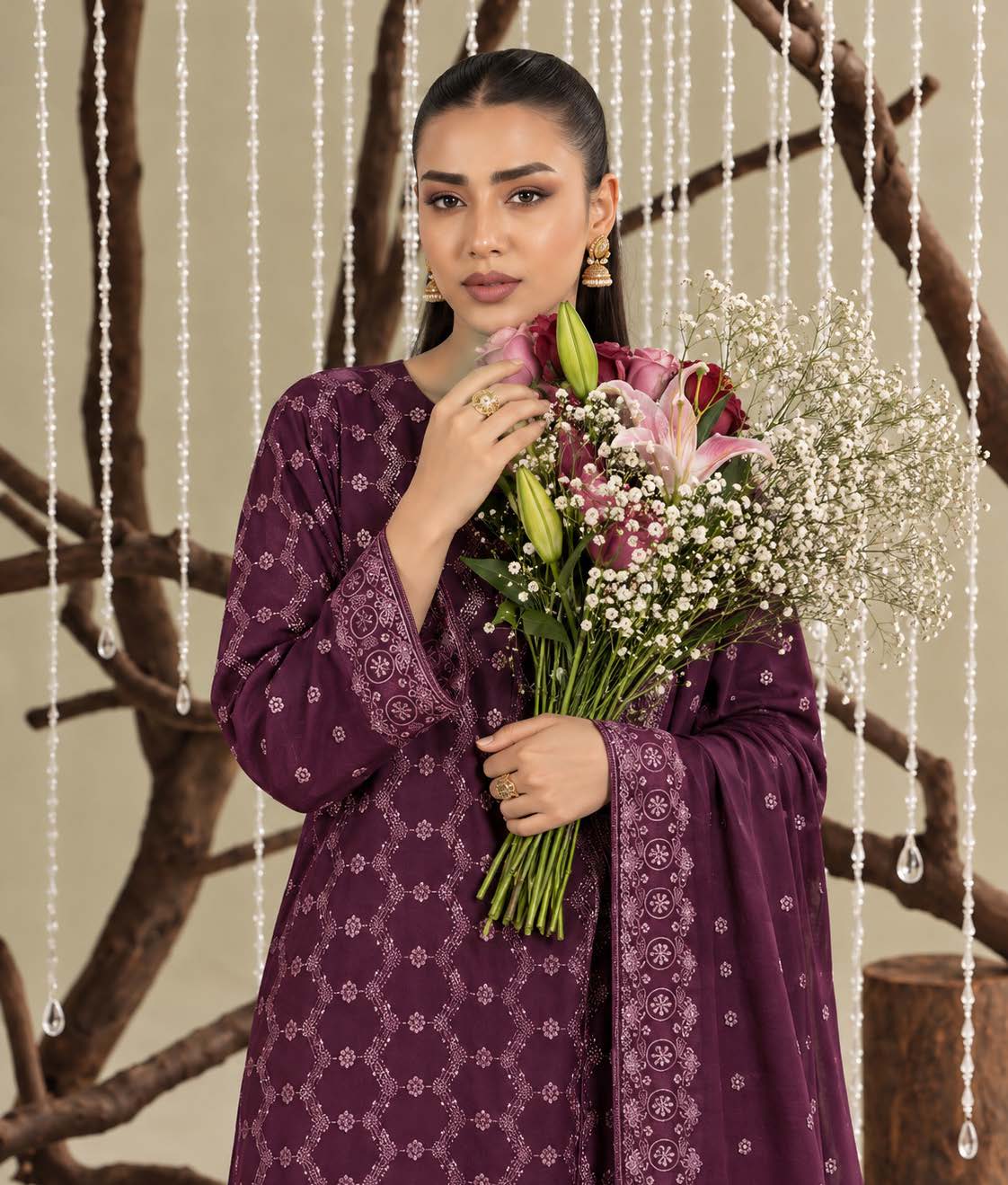 Deep Purple Embroidered Dhanak Chicken Kari 3-Piece Suit – Unstitched