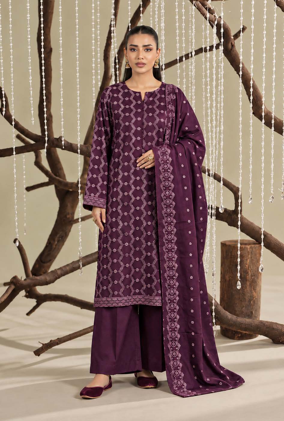 Deep Purple Embroidered Dhanak Chicken Kari 3-Piece Suit – Unstitched
