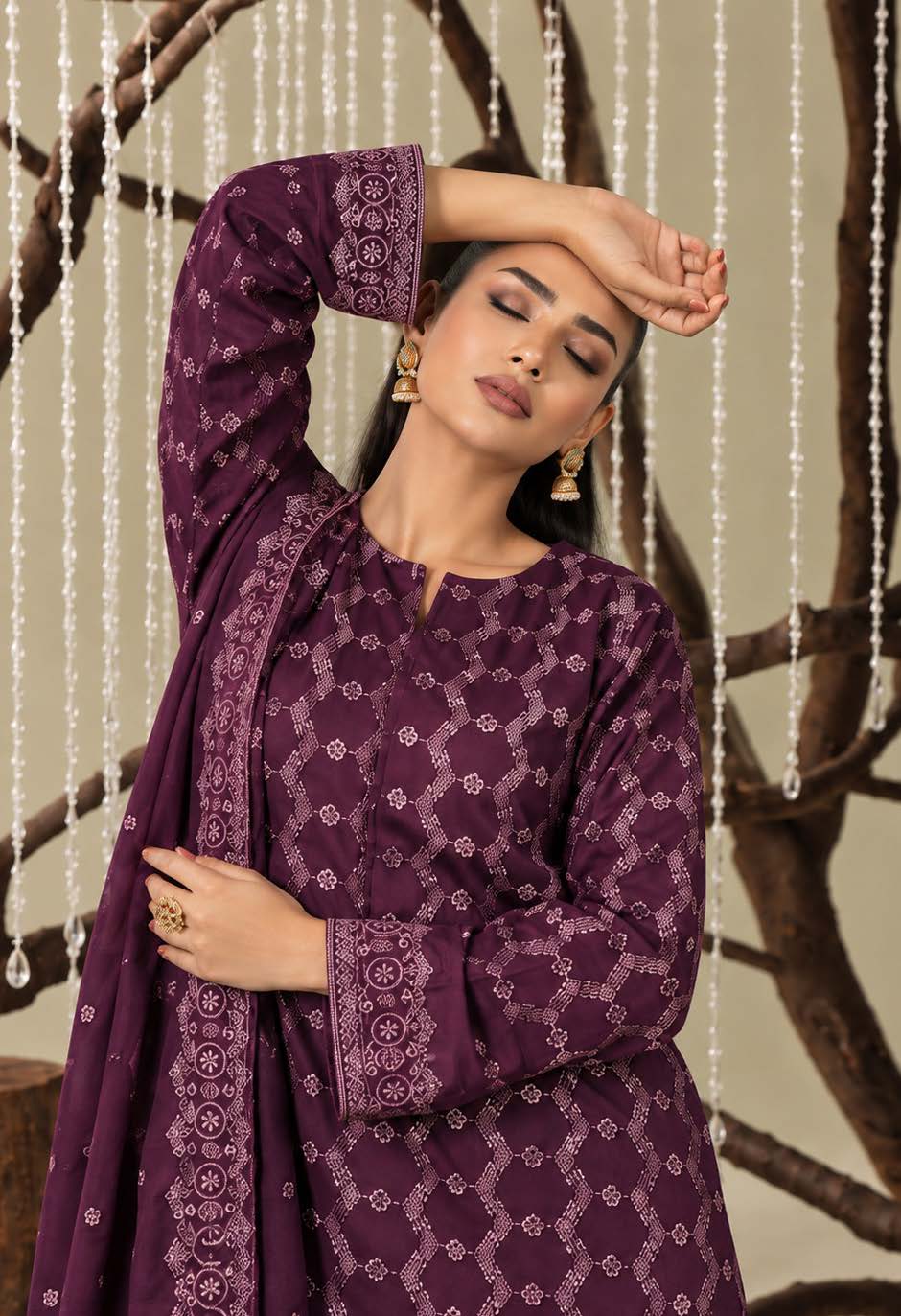 Deep Purple Embroidered Dhanak Chicken Kari 3-Piece Suit – Unstitched