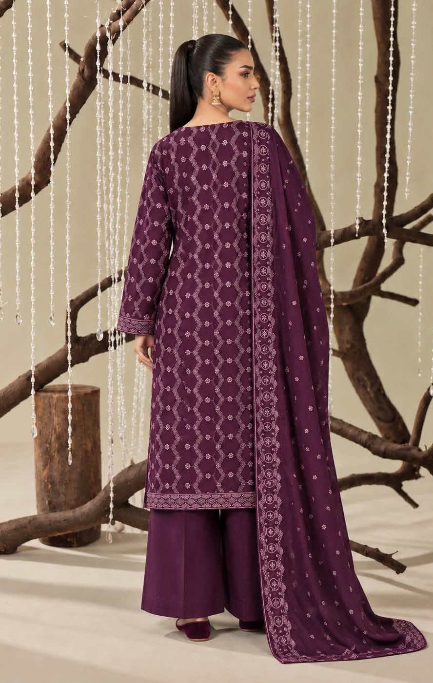 Deep Purple Embroidered Dhanak Chicken Kari 3-Piece Suit – Unstitched