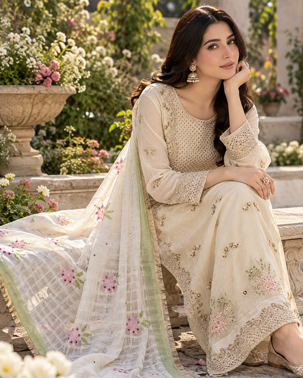 Elegant Beige Embroidered 3 Piece Pret Suit