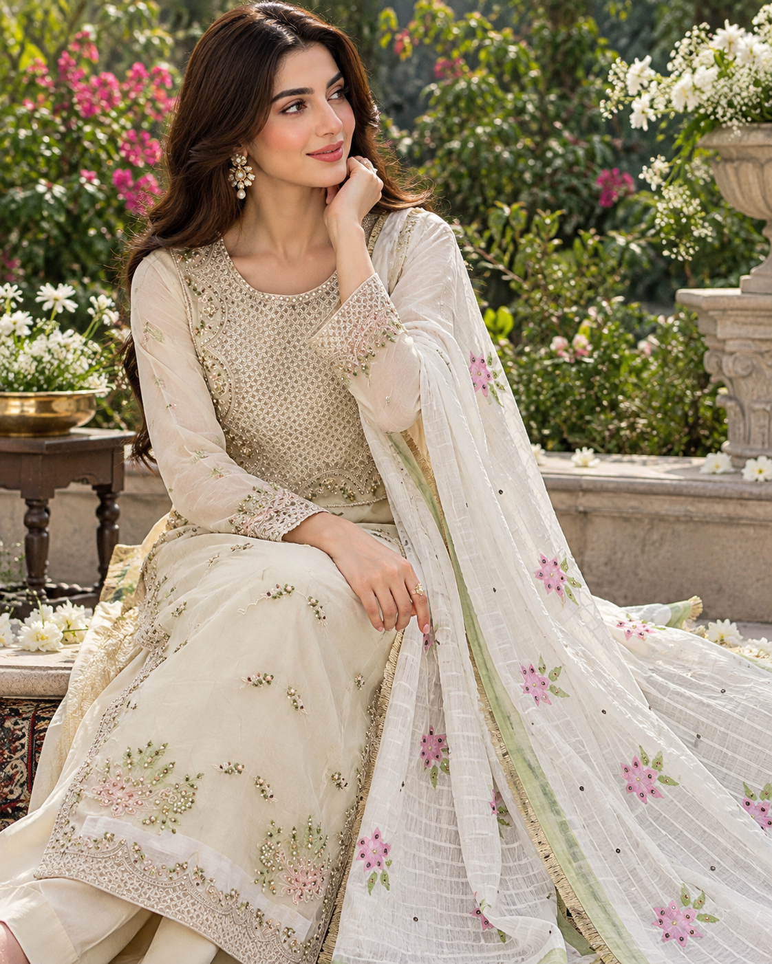 Elegant Beige Embroidered 3 Piece Pret Suit