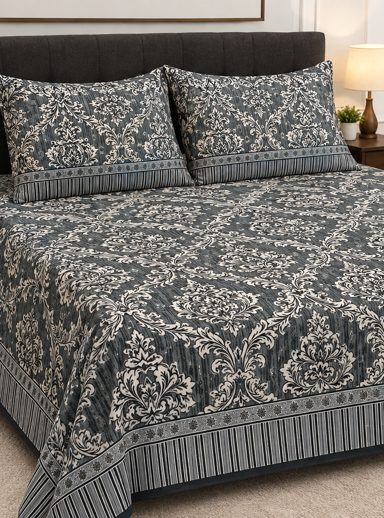 Elegant Grey Sateen Stripe Crystal Cotton King Bed Set