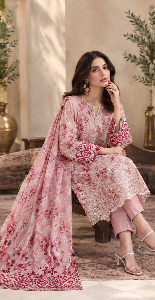 Light Pink Doria Unstitched Embroidered Digital Lawn Suit 3-Piece
