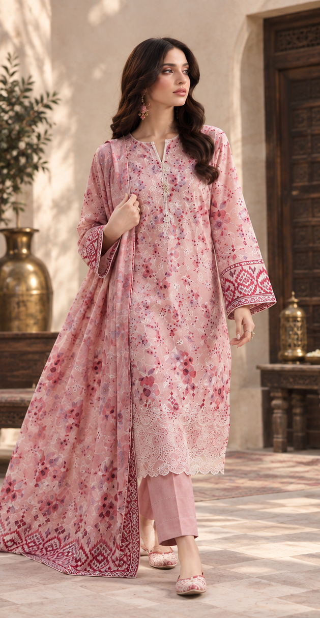 Light Pink Doria Unstitched Embroidered Digital Lawn Suit 3-Piece
