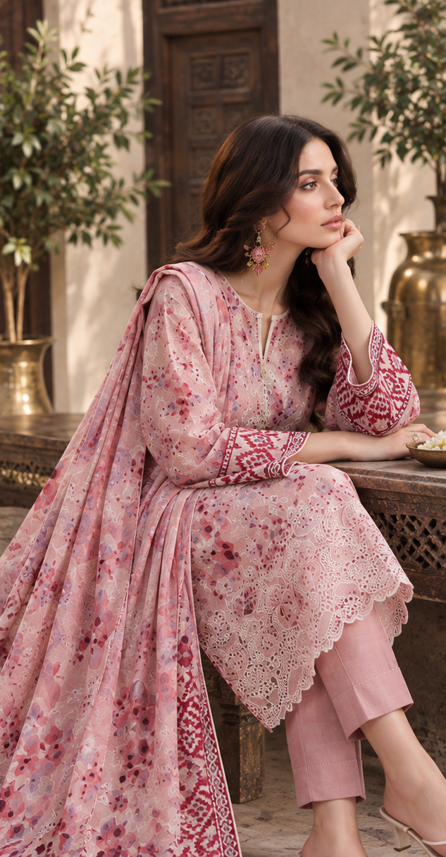 Light Pink Doria Unstitched Embroidered Digital Lawn Suit 3-Piece