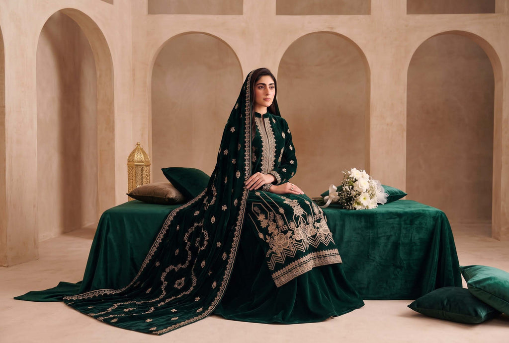 Emerald Green Embroidered Velvet 3-Piece Wedding Suit
