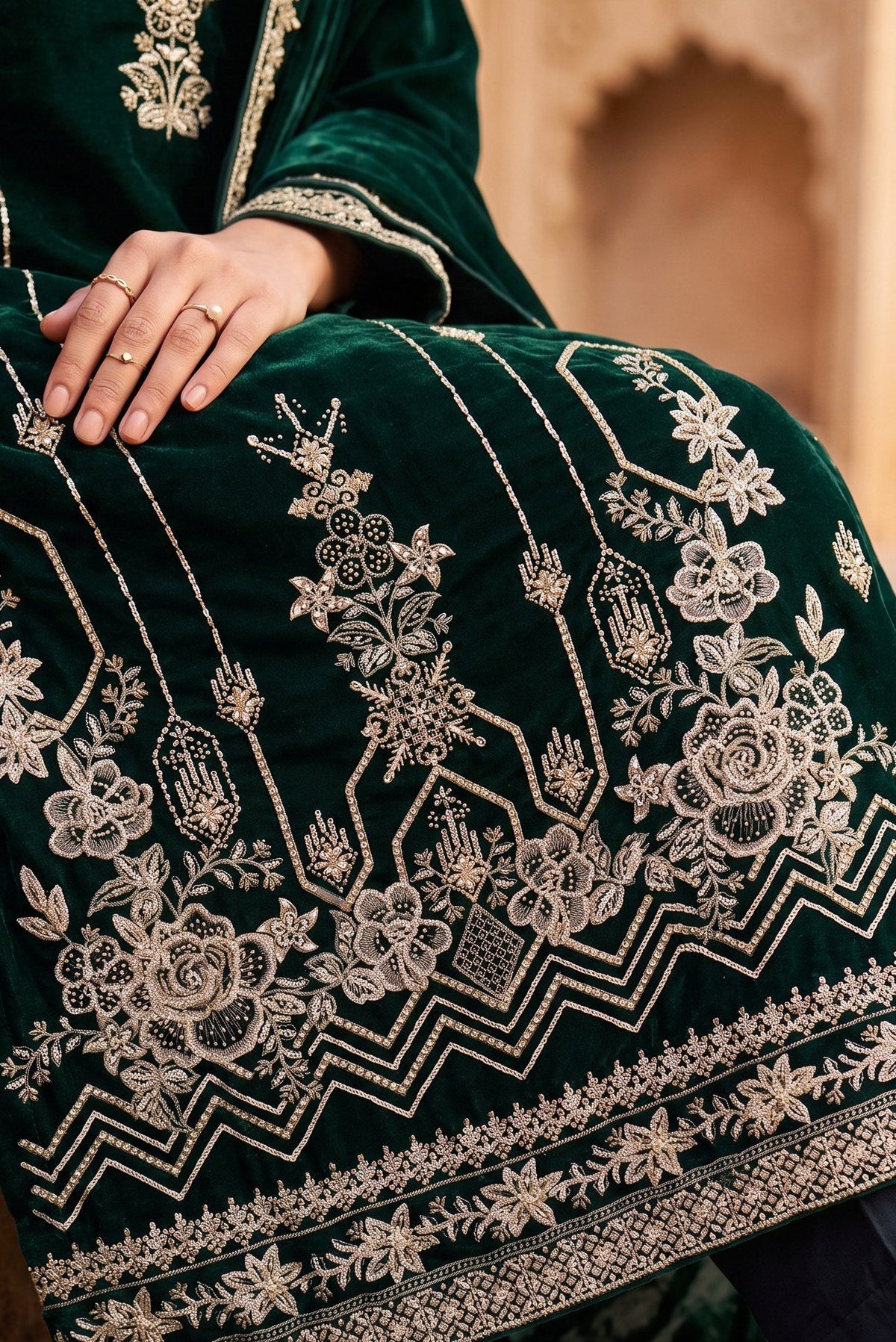 Emerald Green Embroidered Velvet 3-Piece Wedding Suit