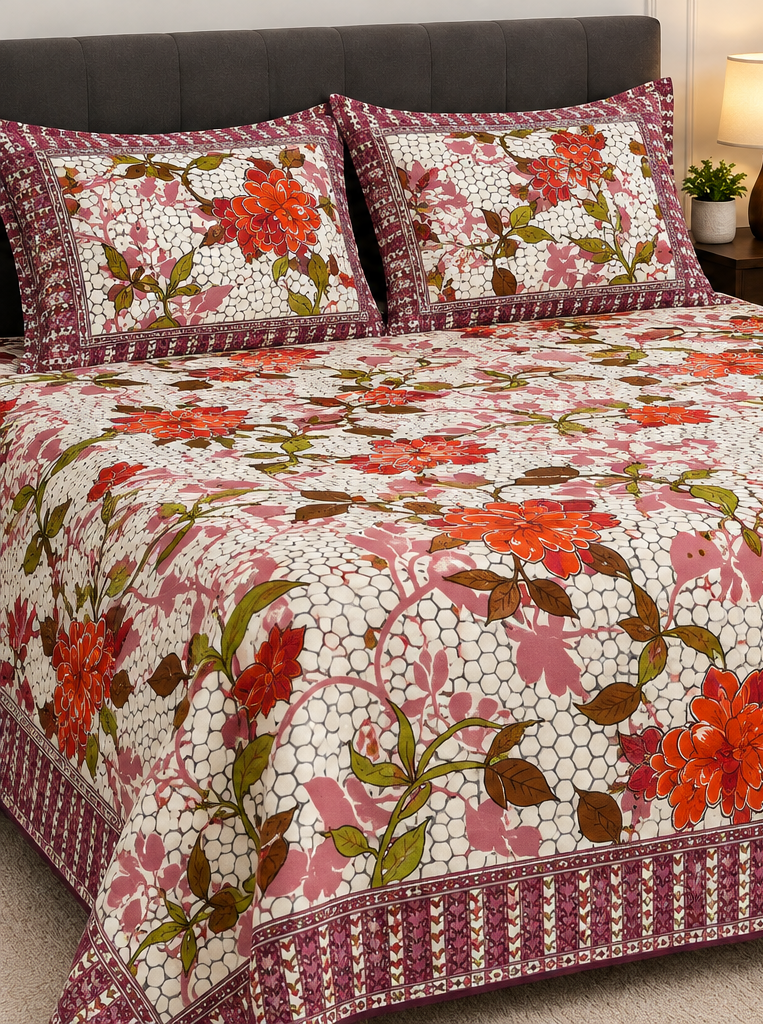 Red Floral Hexagon Crystal Cotton King Bed Set