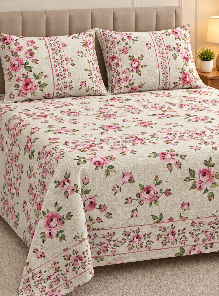 Pink Floral Crystal Cotton King Bed Set