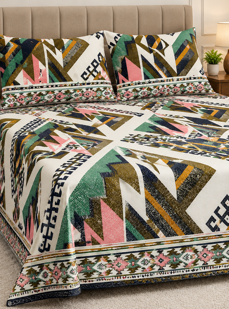 Green Geometric Tribal Crystal Cotton King Bed Set