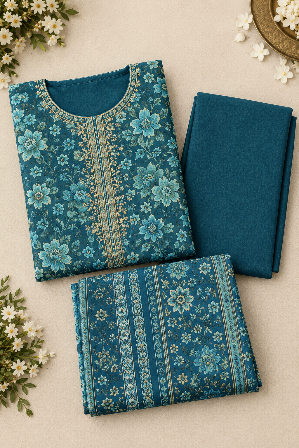 Teal Blue Unstitched Embroidered Khader Suit 3 Piece