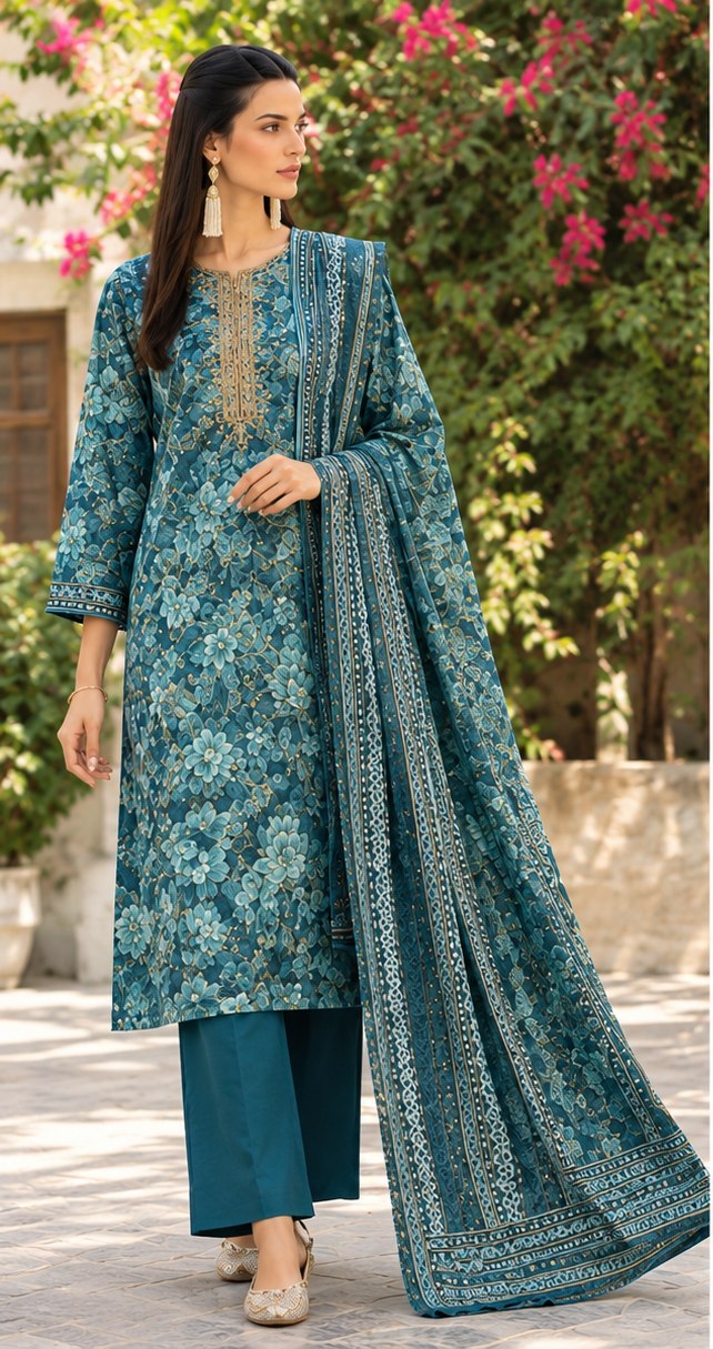 Teal Blue Unstitched Embroidered Khader Suit 3 Piece