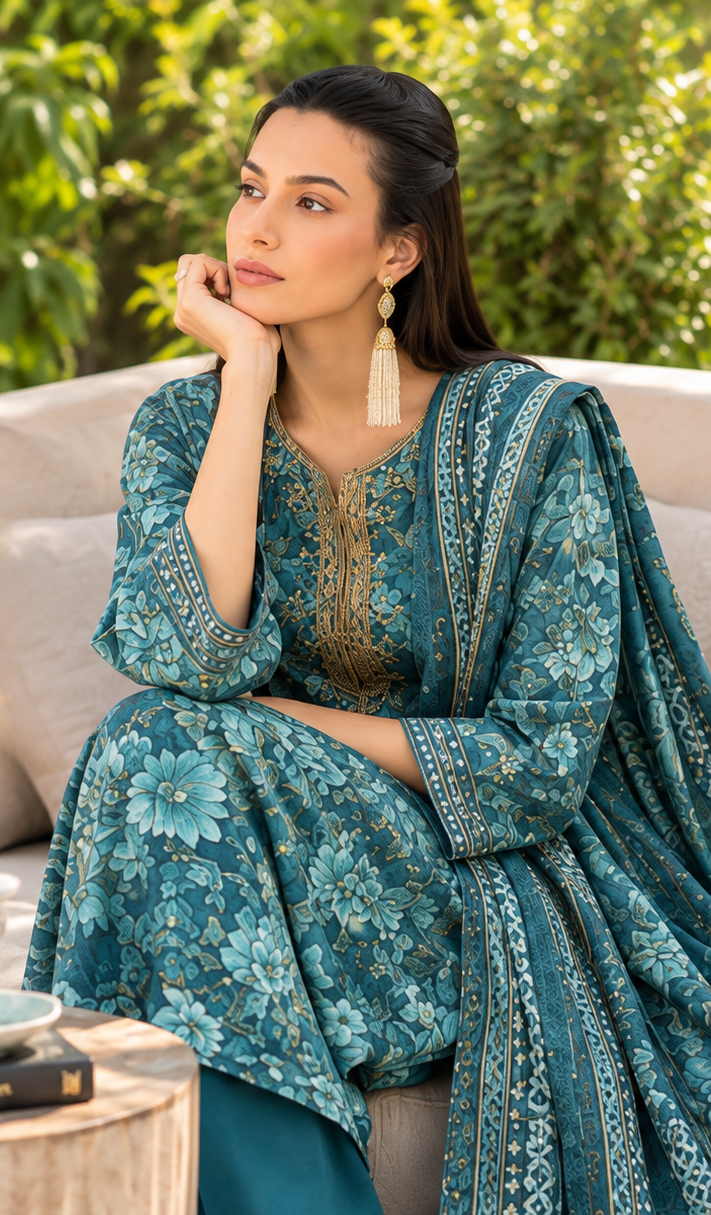 Teal Blue Unstitched Embroidered Khader Suit 3 Piece