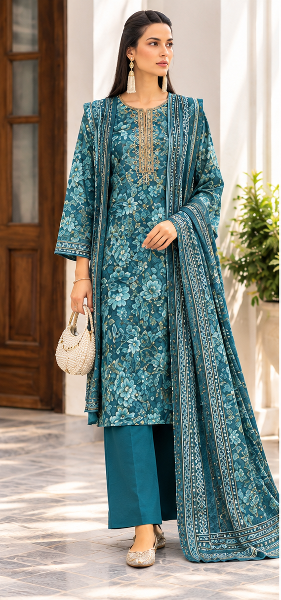 Teal Blue Unstitched Embroidered Khader Suit 3 Piece