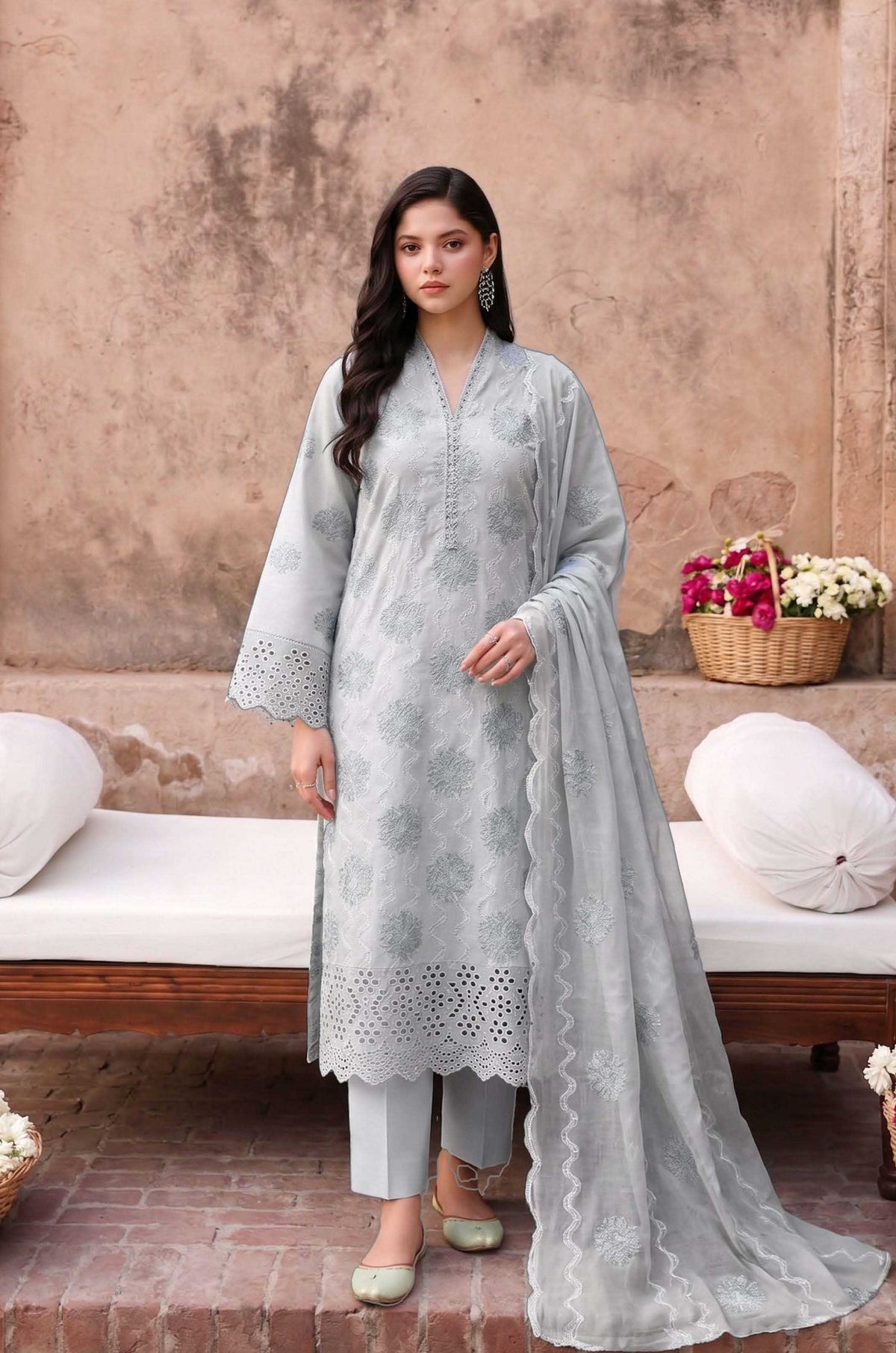 Grey Unstitched Embroidered Lawn Suit 3-Piece