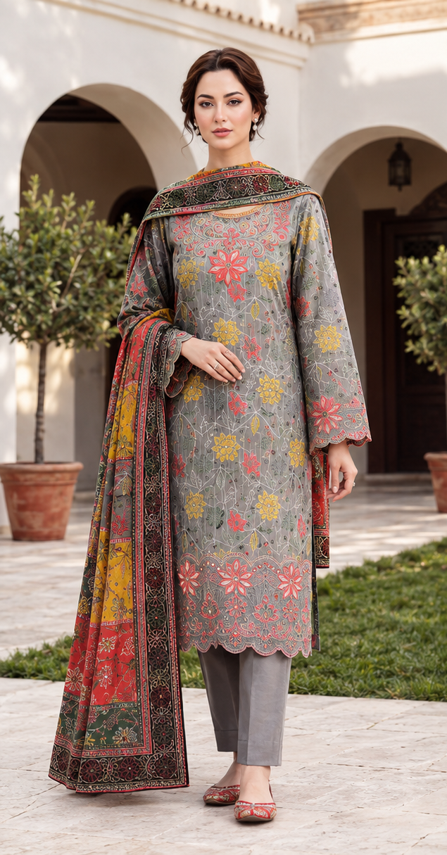 Grey Unstitched Embroidered Linen 3-Piece