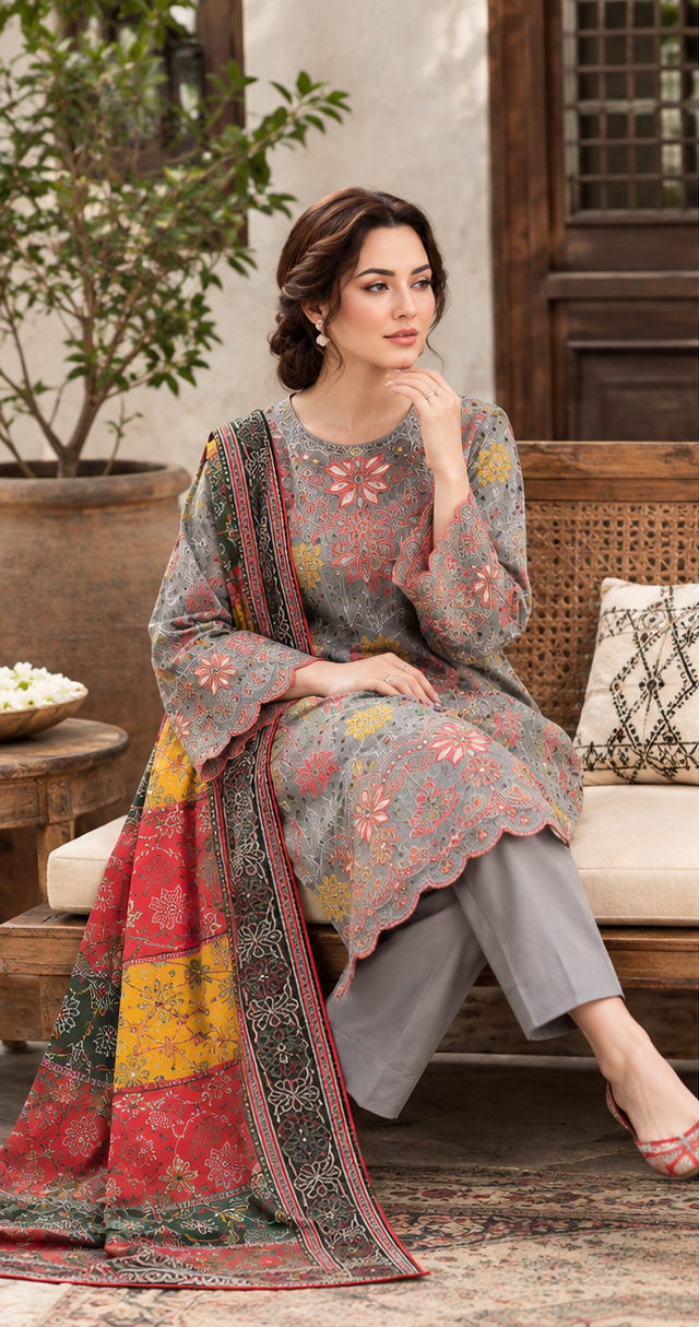 Grey Unstitched Embroidered Linen 3-Piece