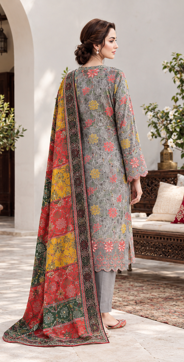 Grey Unstitched Embroidered Linen 3-Piece