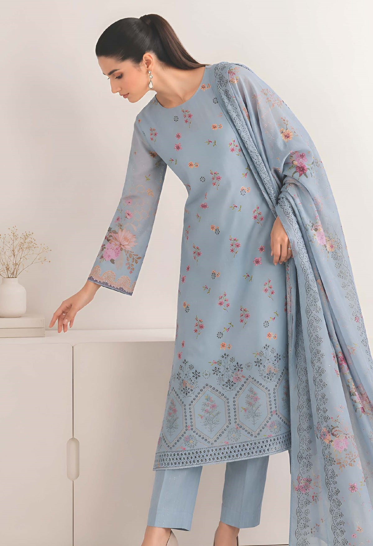 Ocean Blue Embroidered Printed Dhanak with Chamki 3-Piece Suit– Unstitched
