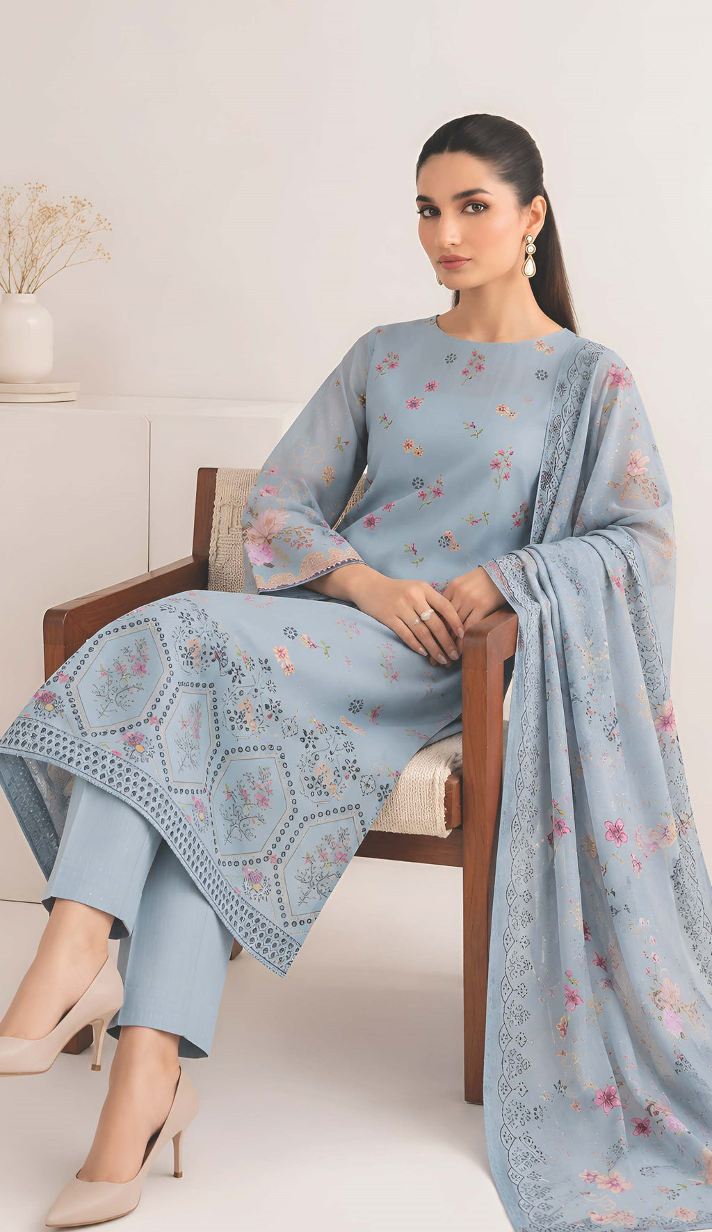 Ocean Blue Embroidered Printed Dhanak with Chamki 3-Piece Suit– Unstitched