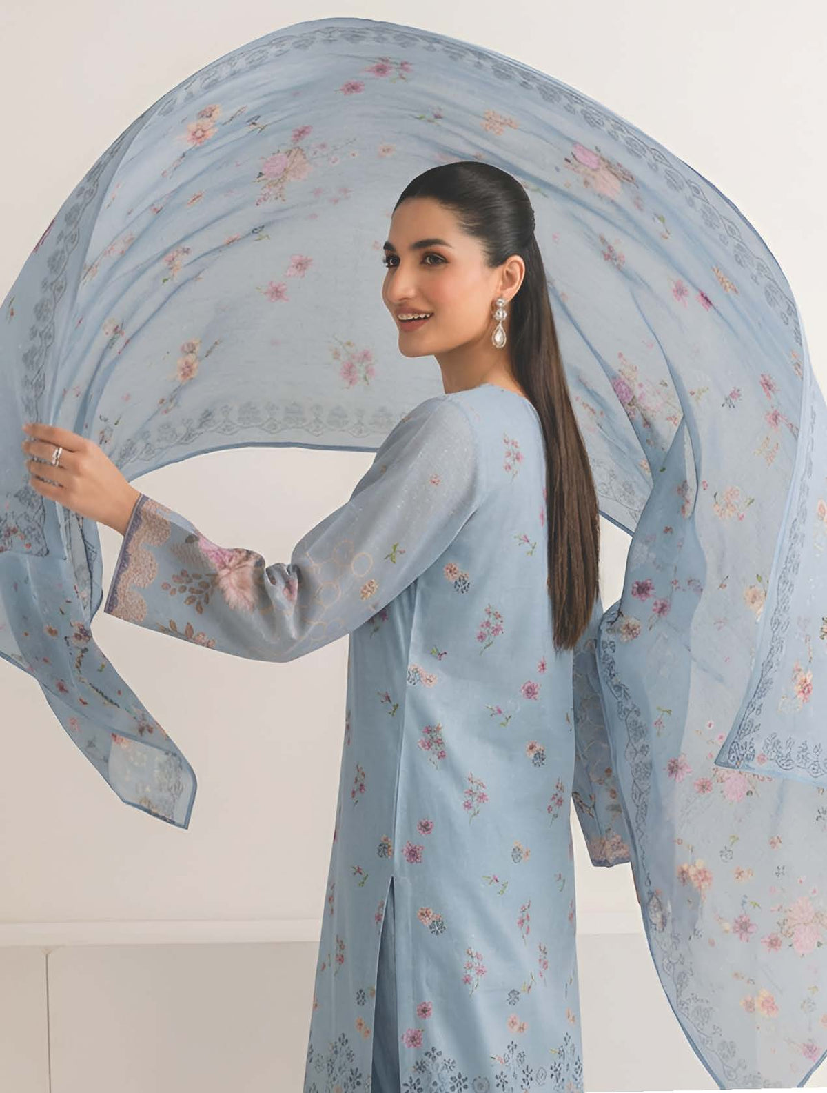 Ocean Blue Embroidered Printed Dhanak with Chamki 3-Piece Suit– Unstitched