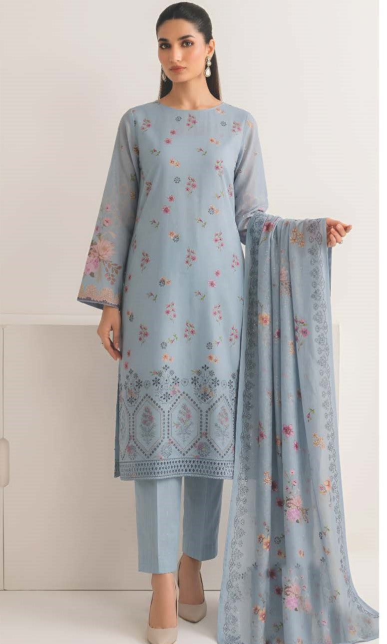 Ocean Blue Embroidered Printed Dhanak with Chamki 3-Piece Suit– Unstitched