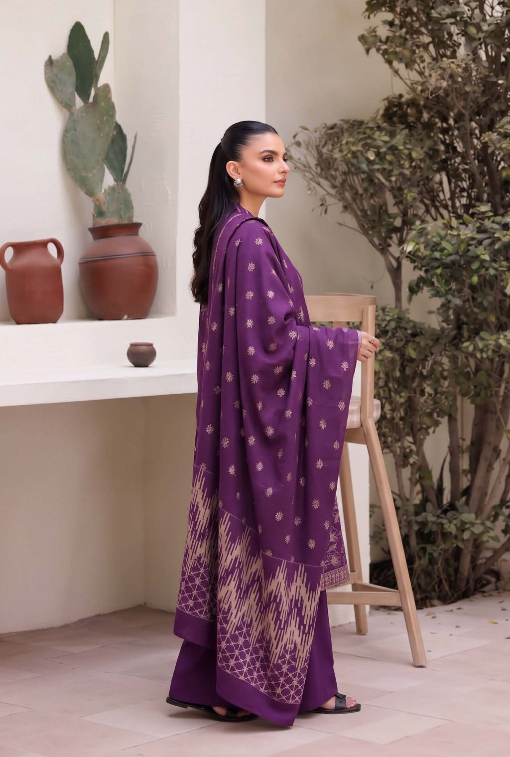 Plum Purple Embroidered Dhanak 3-Piece Suit