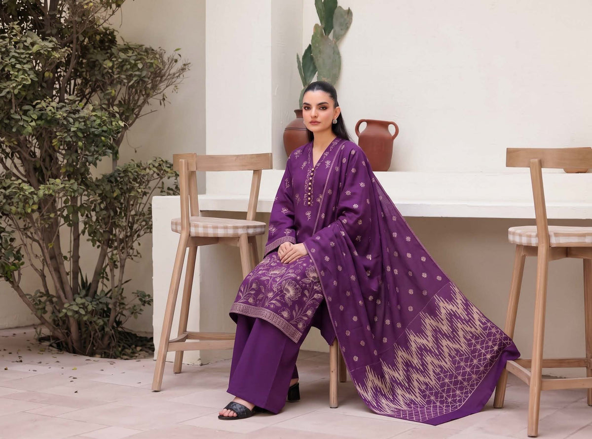 Plum Purple Embroidered Dhanak 3-Piece Suit