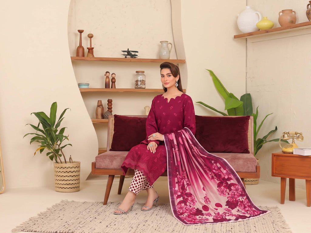 Magenta Embroidered Printed Khaddar Chicken Kari 3-Piece Suit