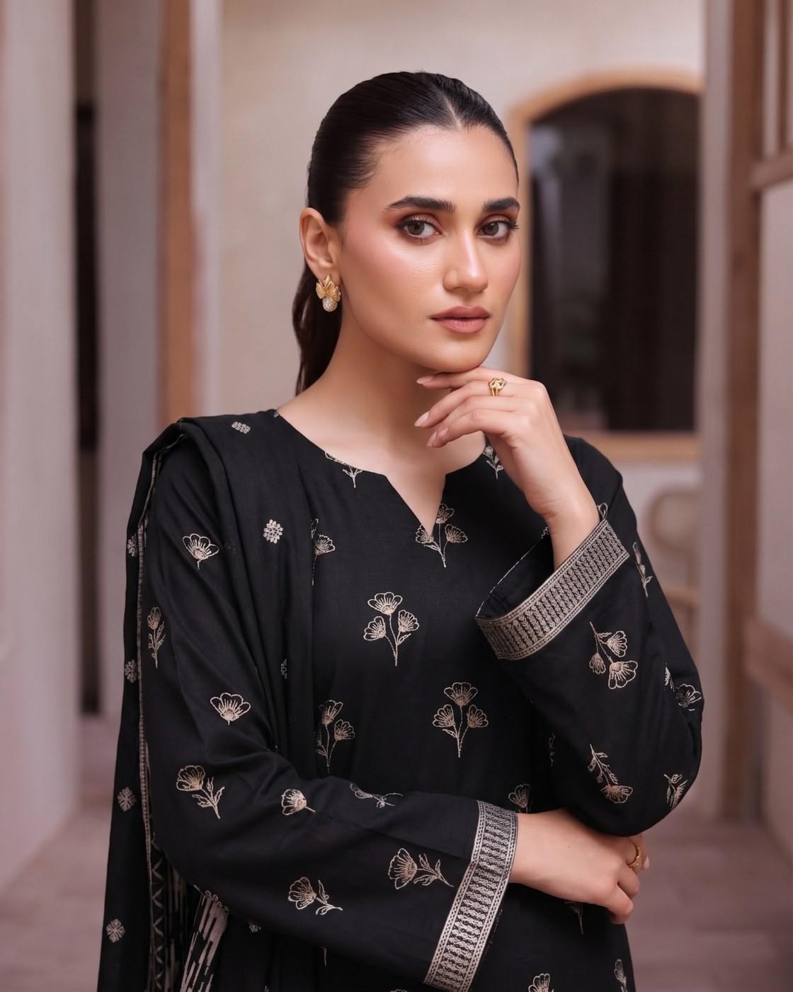 Jet Black Embroidered Dhanak 3-Piece Suit