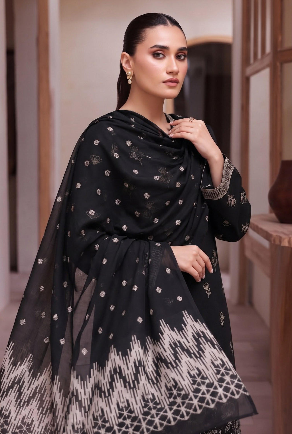 Jet Black Embroidered Dhanak 3-Piece Suit