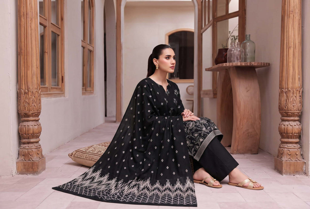 Jet Black Embroidered Dhanak 3-Piece Suit