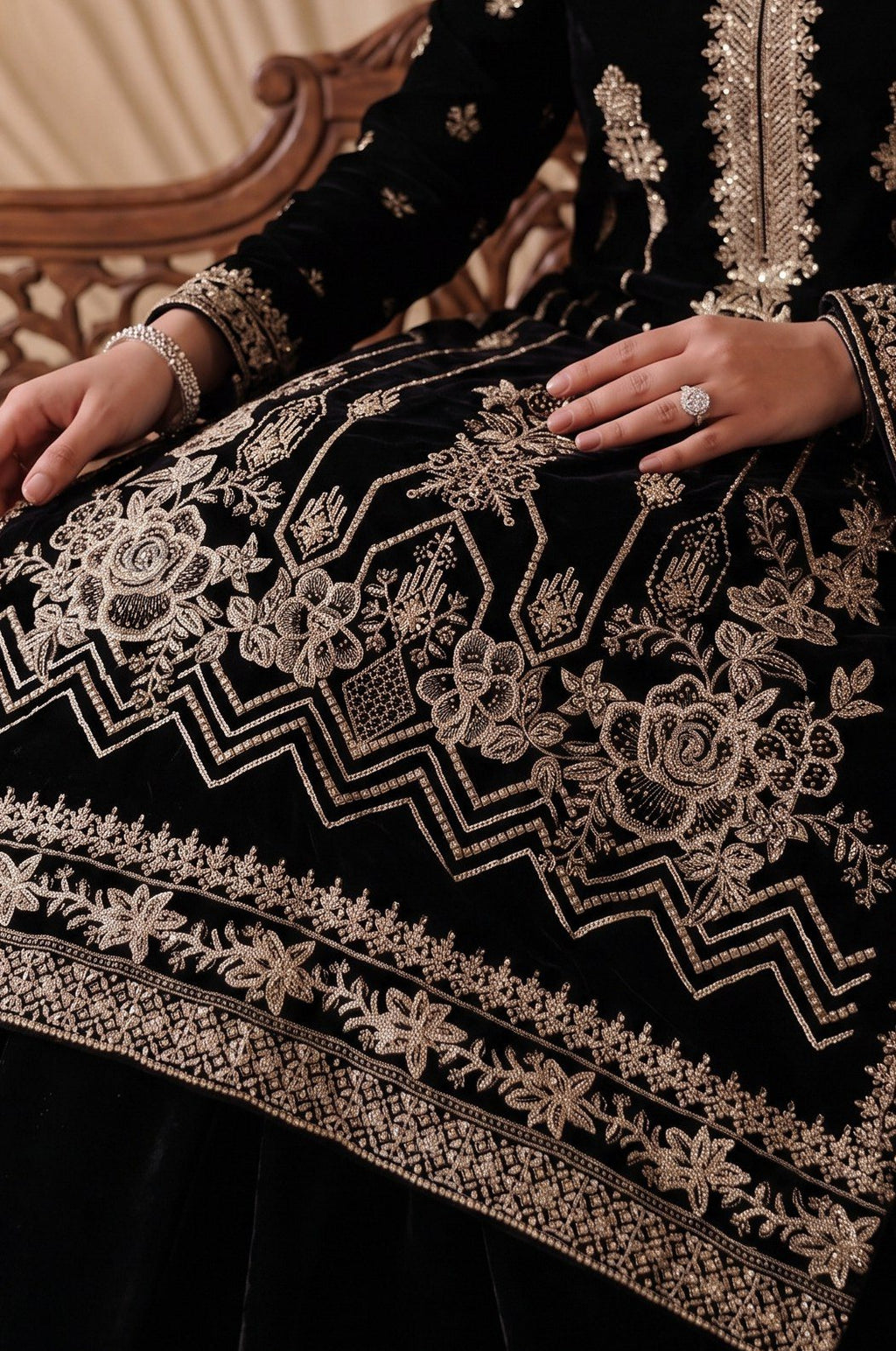 Jet Black Embroidered Velvet 3-Piece Wedding Suit