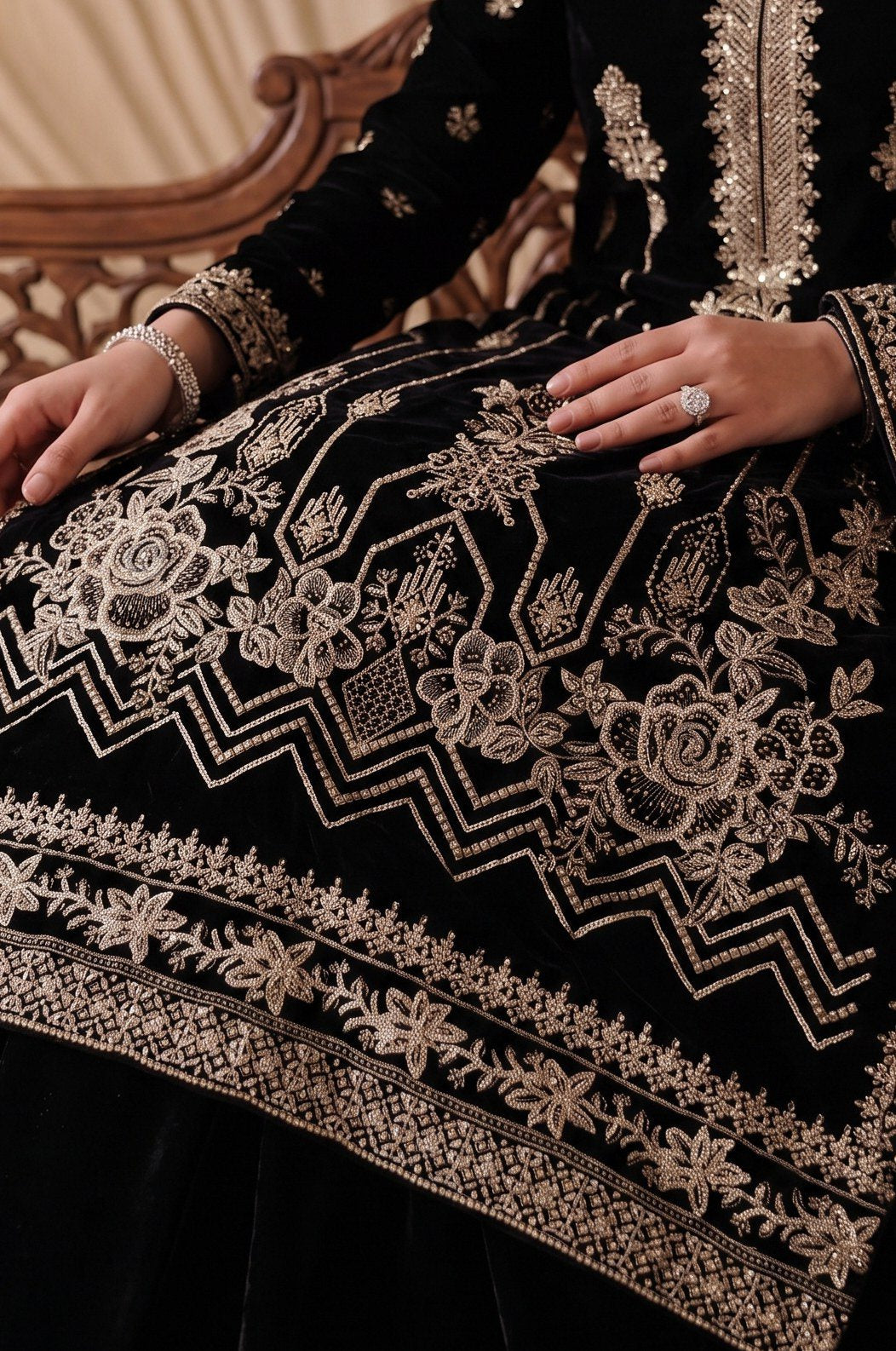 Jet Black Embroidered Velvet 3-Piece Wedding Suit