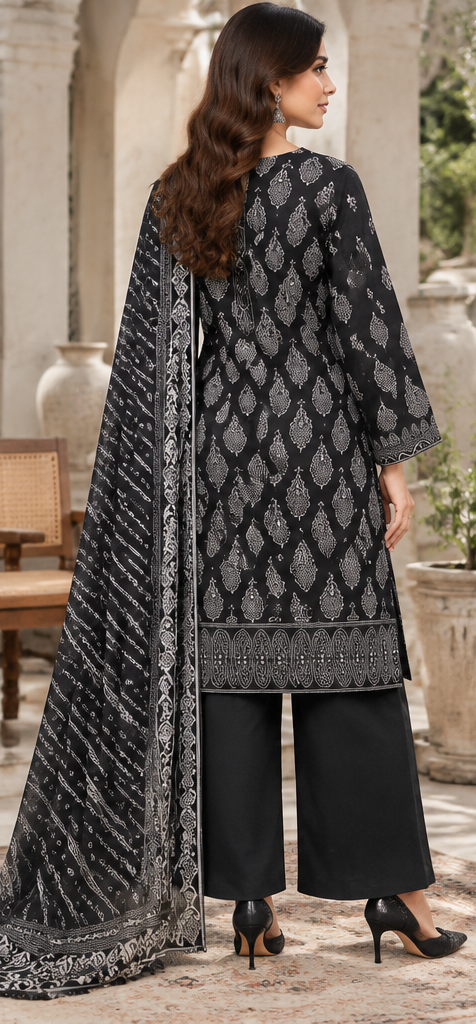 Jet Black Unstitched Embroidered Lawn Suit 3-Piece