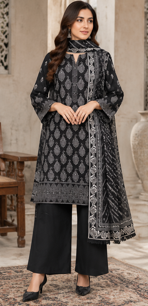 Jet Black Unstitched Embroidered Lawn Suit 3-Piece
