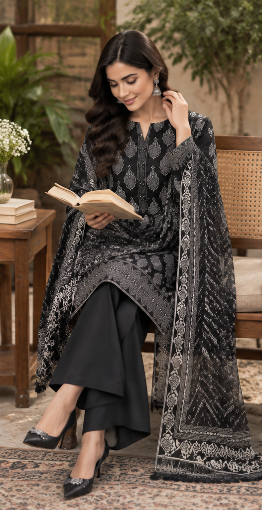 Jet Black Unstitched Embroidered Lawn Suit 3-Piece