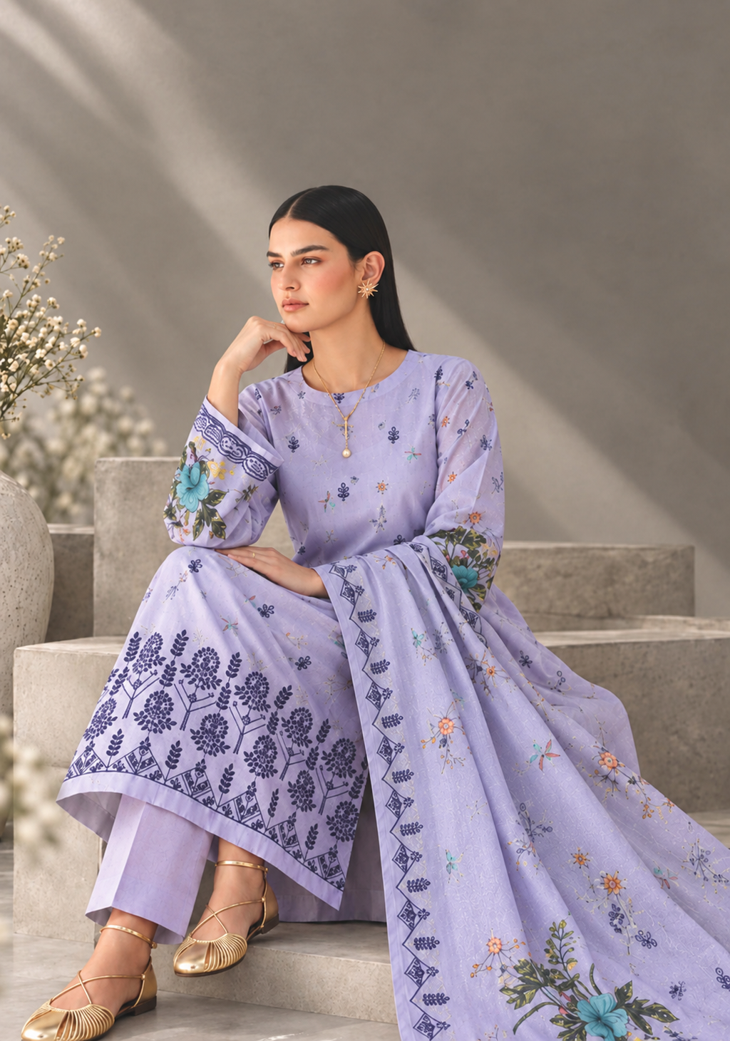 Blueberry Purple Embroidered Printed Dhanak with Chamki 3-Piece Suit– Unstitched