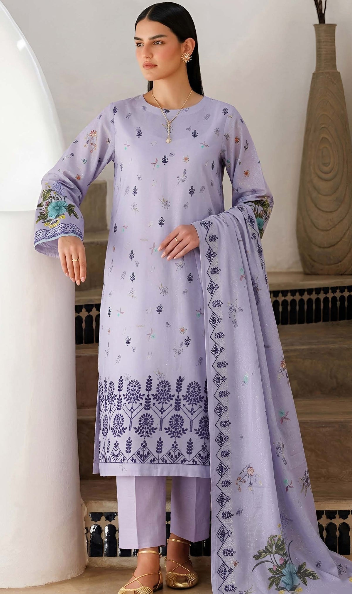 Blueberry Purple Embroidered Printed Dhanak with Chamki 3-Piece Suit– Unstitched