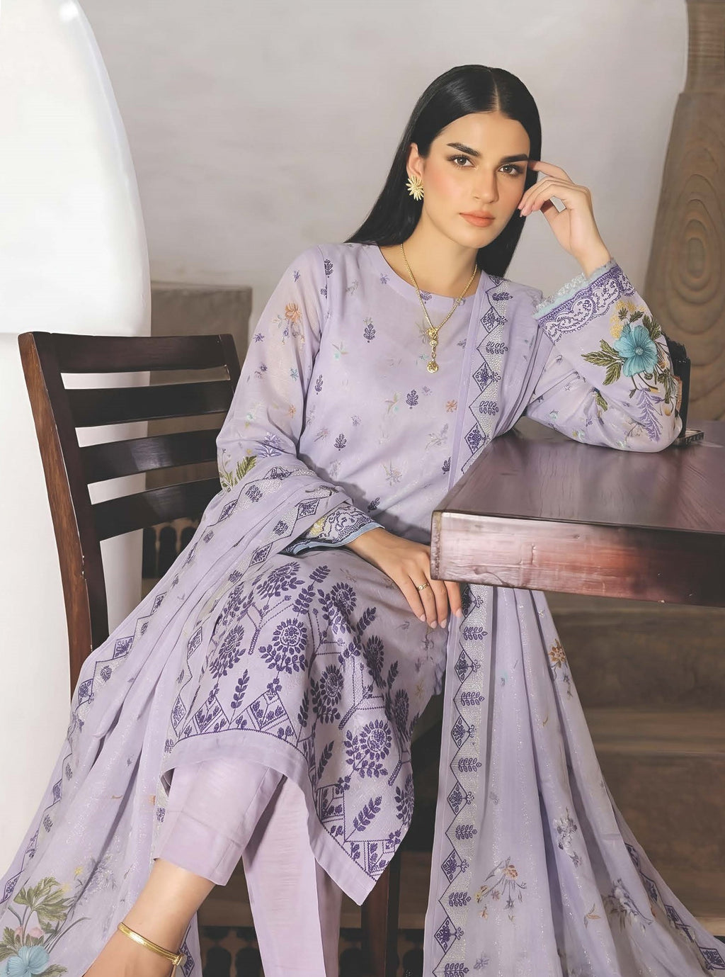 Blueberry Purple Embroidered Printed Dhanak with Chamki 3-Piece Suit– Unstitched