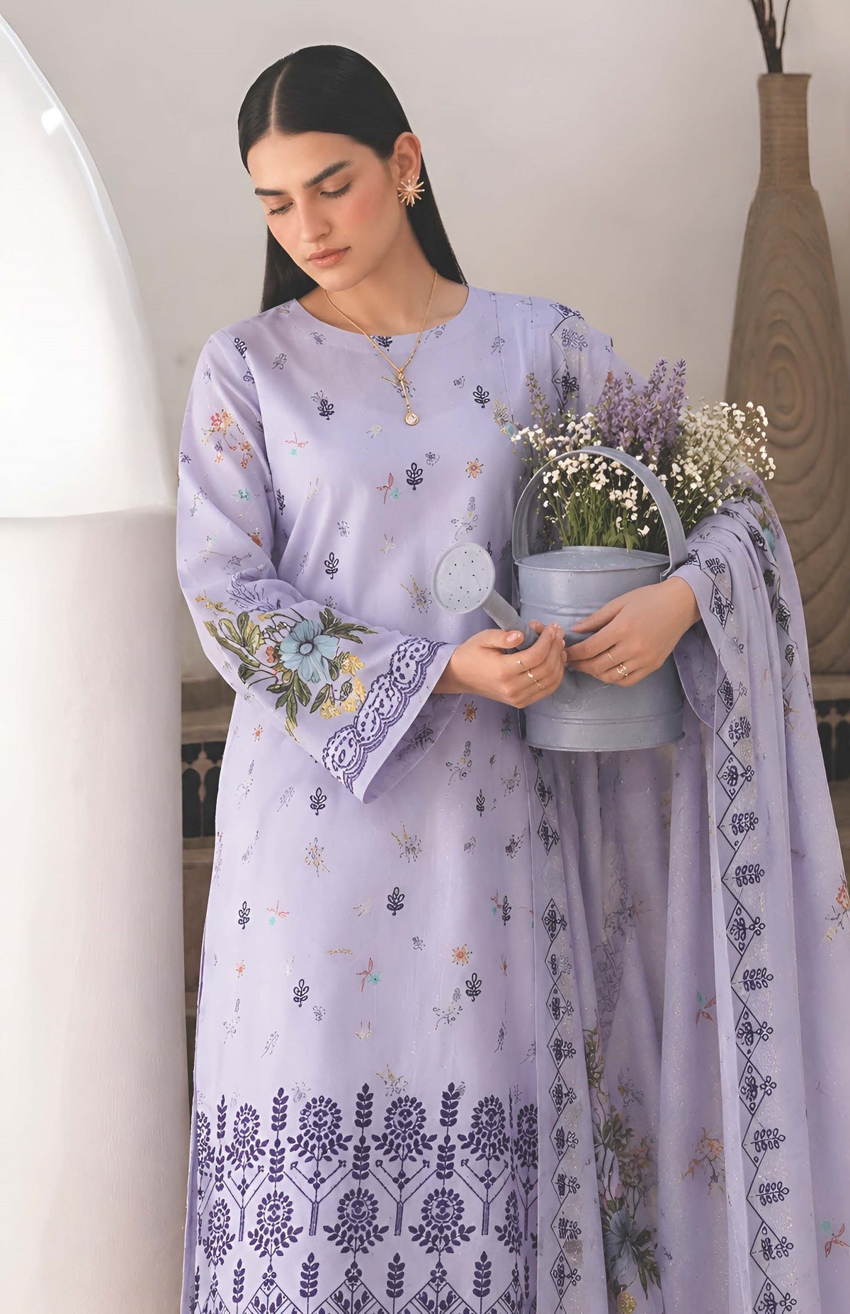 Blueberry Purple Embroidered Printed Dhanak with Chamki 3-Piece Suit– Unstitched