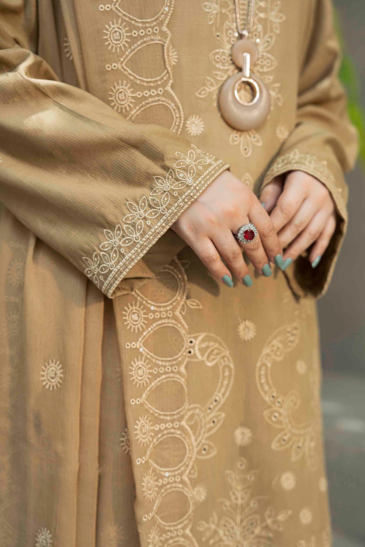 Light Khaki  Slub Viscose Suit With Crinkle Dupattal 3-Piece Suit – Unstitched