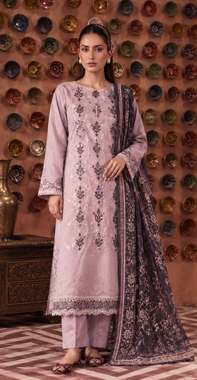 Light Pastel Plum Unstitched Embroidered Digital Lawn Suit 3-Piece
