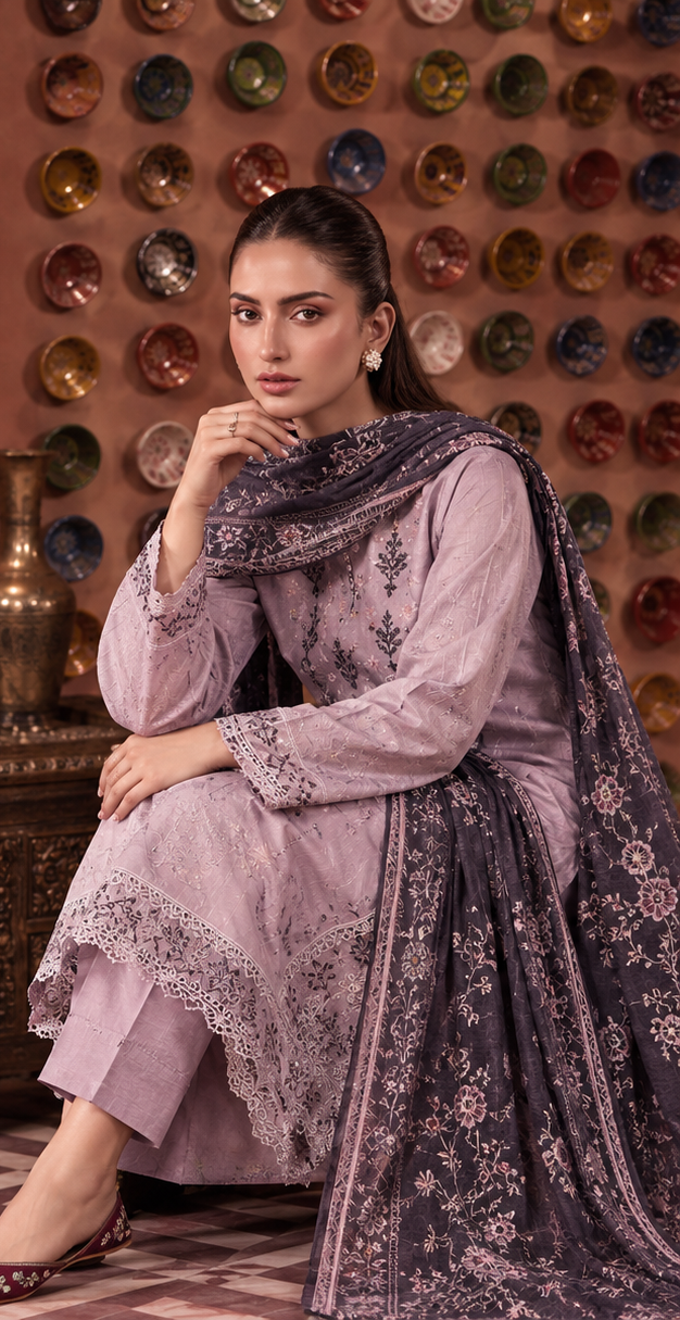 Light Pastel Plum Unstitched Embroidered Digital Lawn Suit 3-Piece