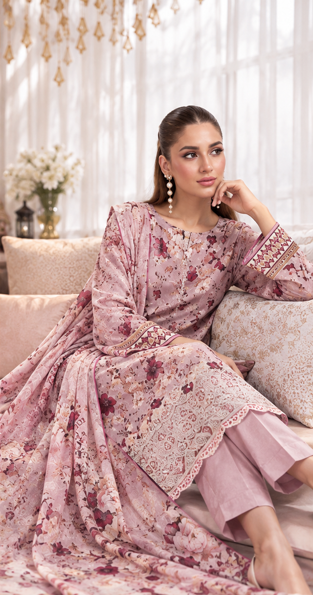 Light Purple Doria Unstitched Embroidered Digital Lawn Suit 3-Piece