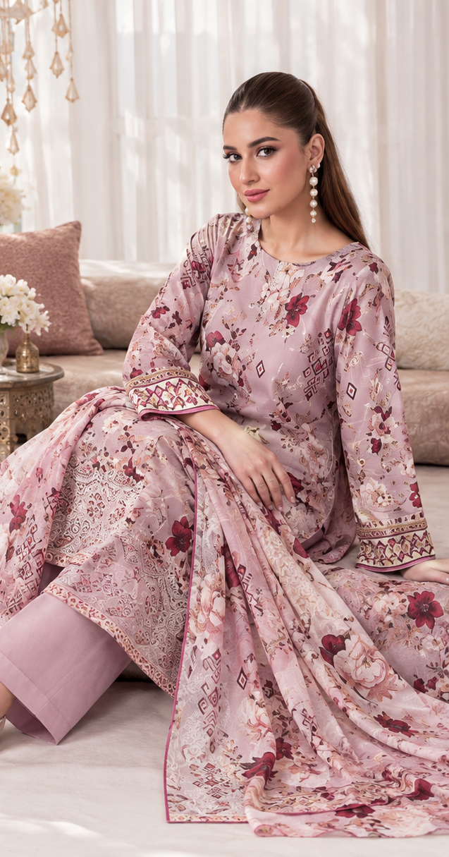 Light Purple Doria Unstitched Embroidered Digital Lawn Suit 3-Piece