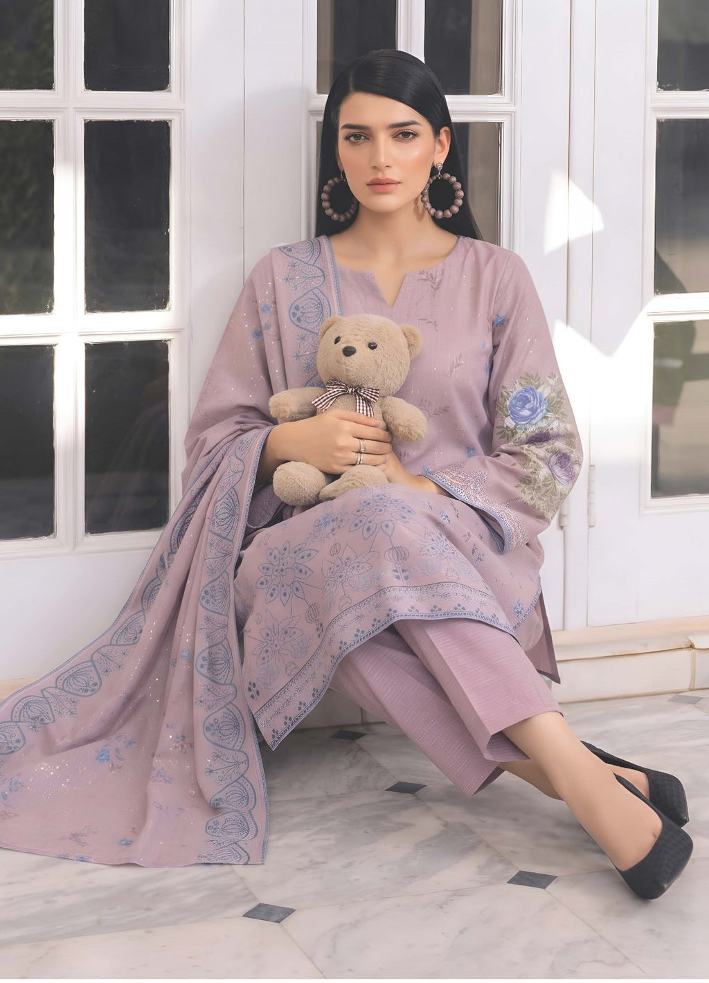 Rose Plum Embroidered Printed Dhanak with Chamki 3-Piece Suit– Unstitched