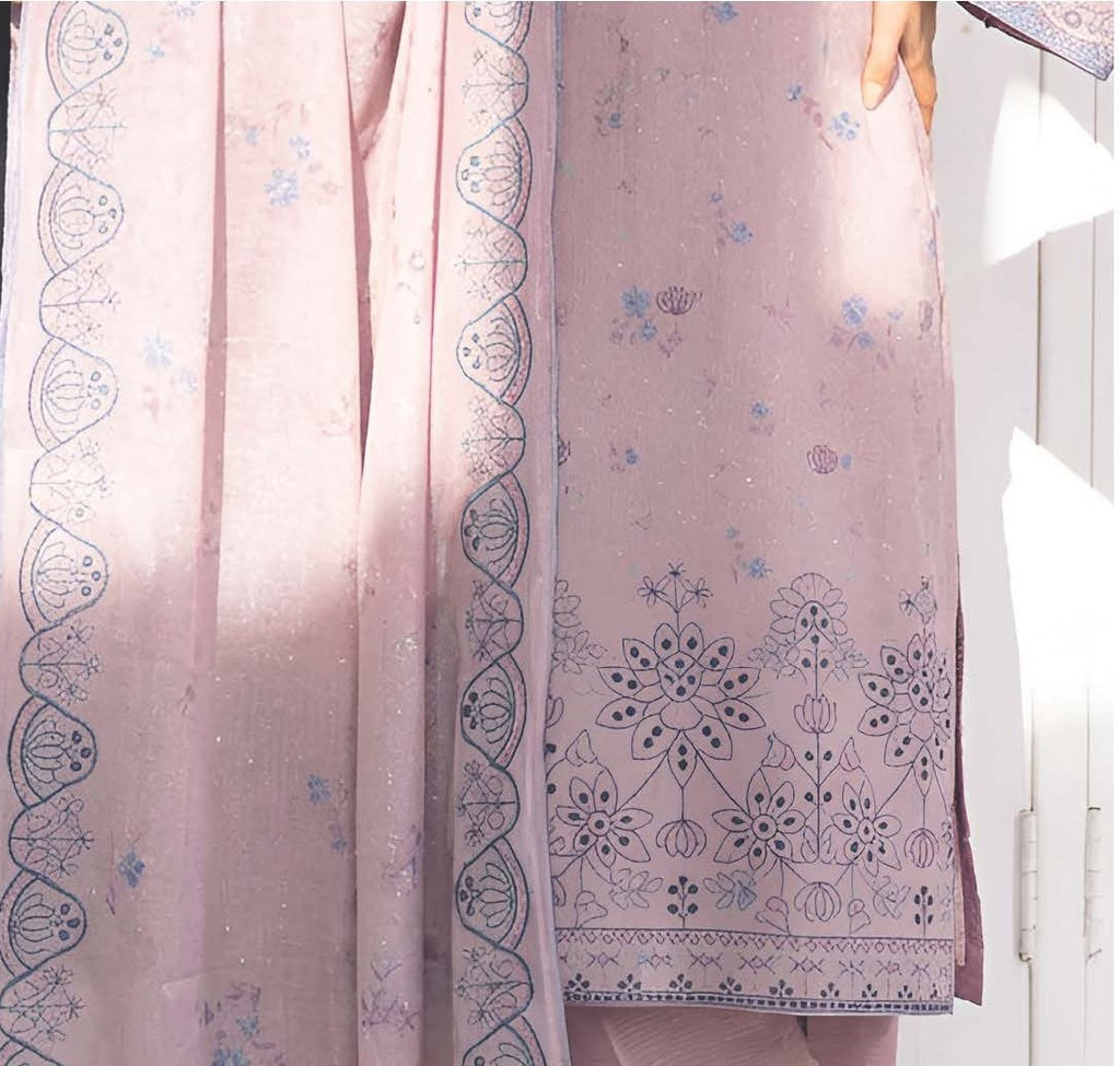 Rose Plum Embroidered Printed Dhanak with Chamki 3-Piece Suit– Unstitched