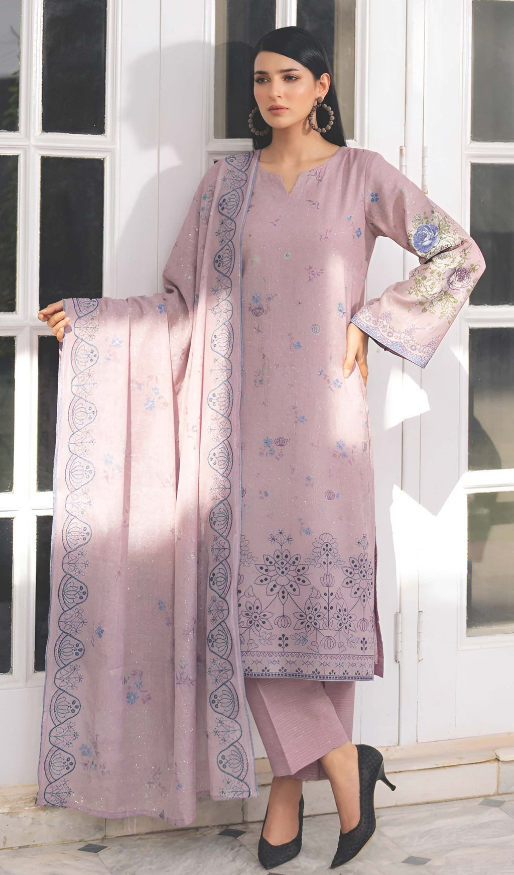 Rose Plum Embroidered Printed Dhanak with Chamki 3-Piece Suit– Unstitched